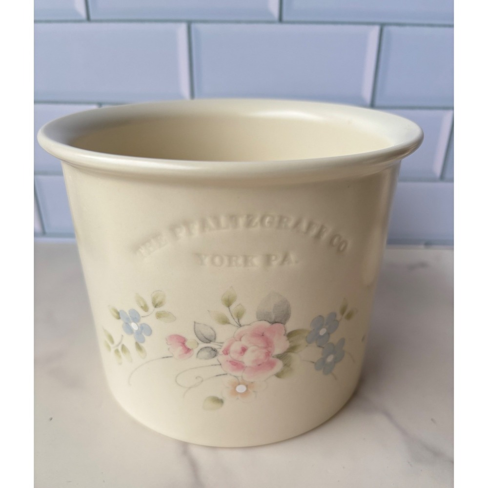 Pfaltzgraff Tea Rose Utensil Crock Planter Stoneware Floral Pink Blue Vintage